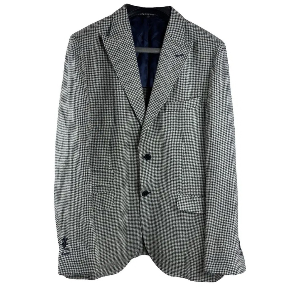 Massimo Dutti Jacket Blazer 2 Button Houndstooth 44 US 54 EU Linen Cotton